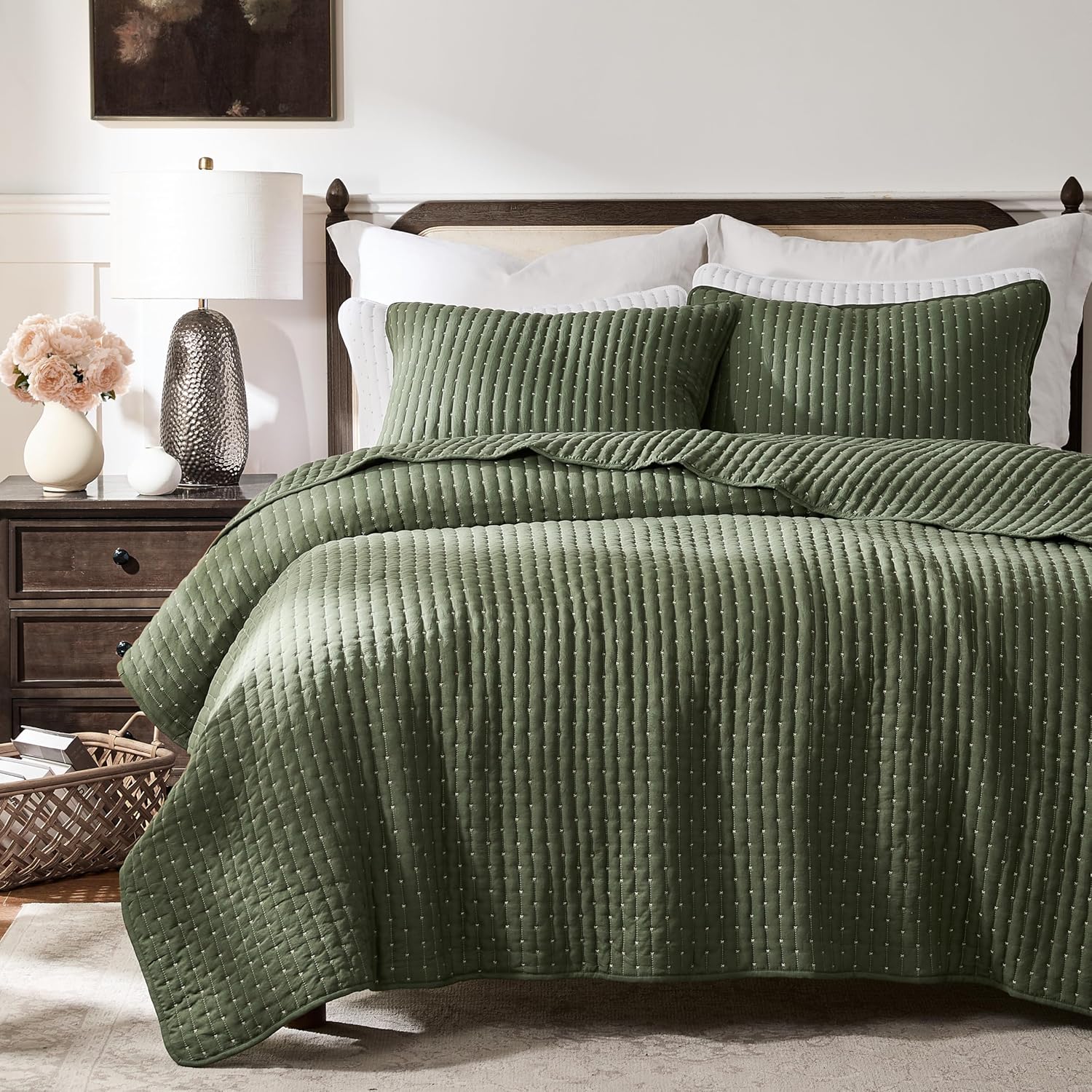 WDCOZY Olive Green Cross Stitch Queen Quilt Set 1