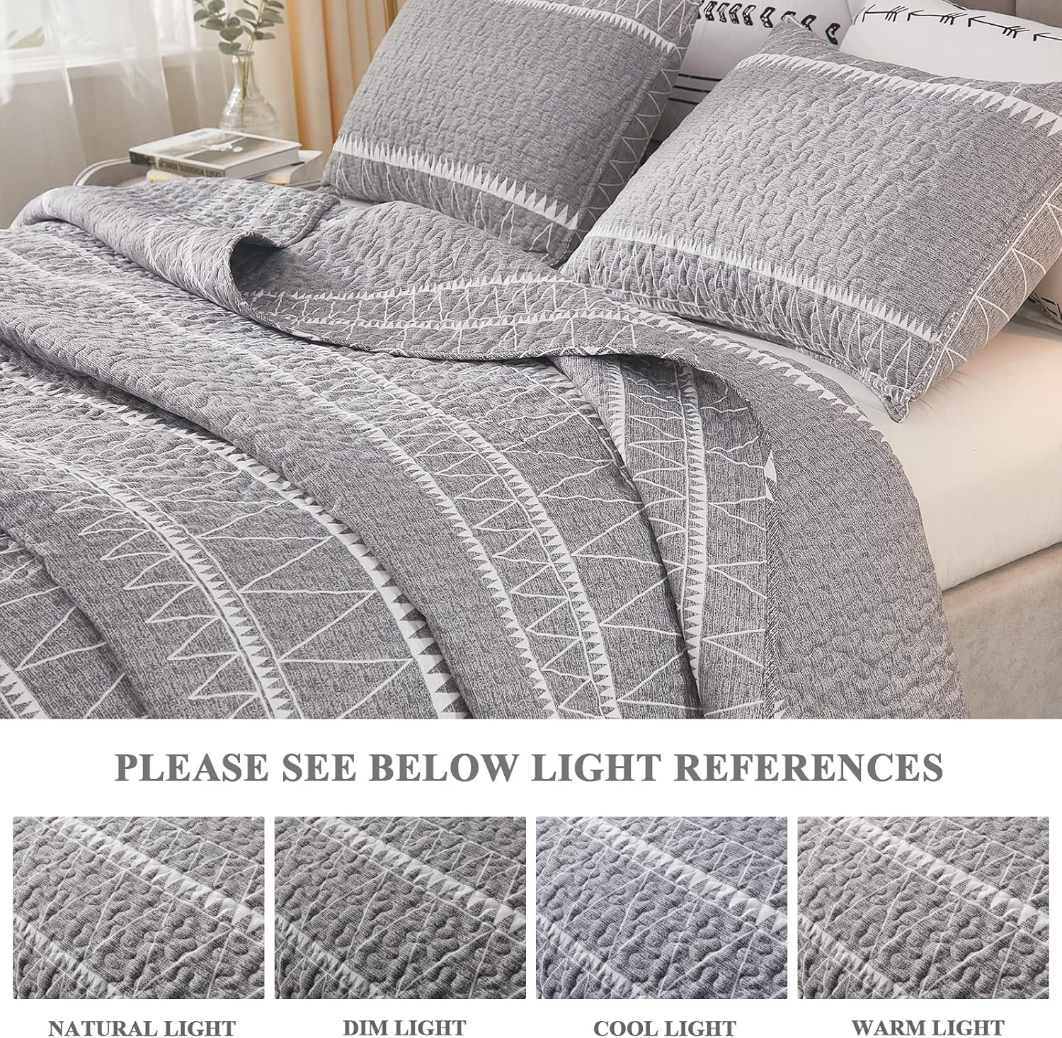 Andency Grey Boho Quilt Set 3Pcs Queen Size
