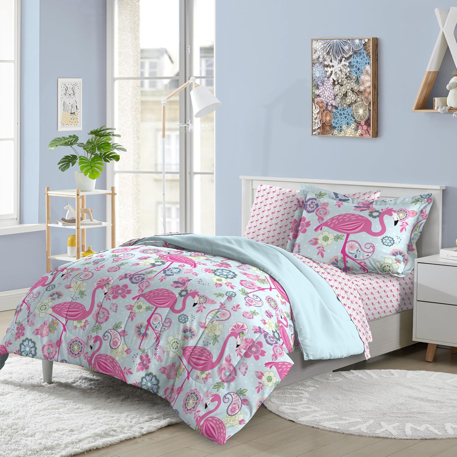 Dream FACTORY Kids 5-Piece Comforter Bedding Set Twin Pink Flamingo
