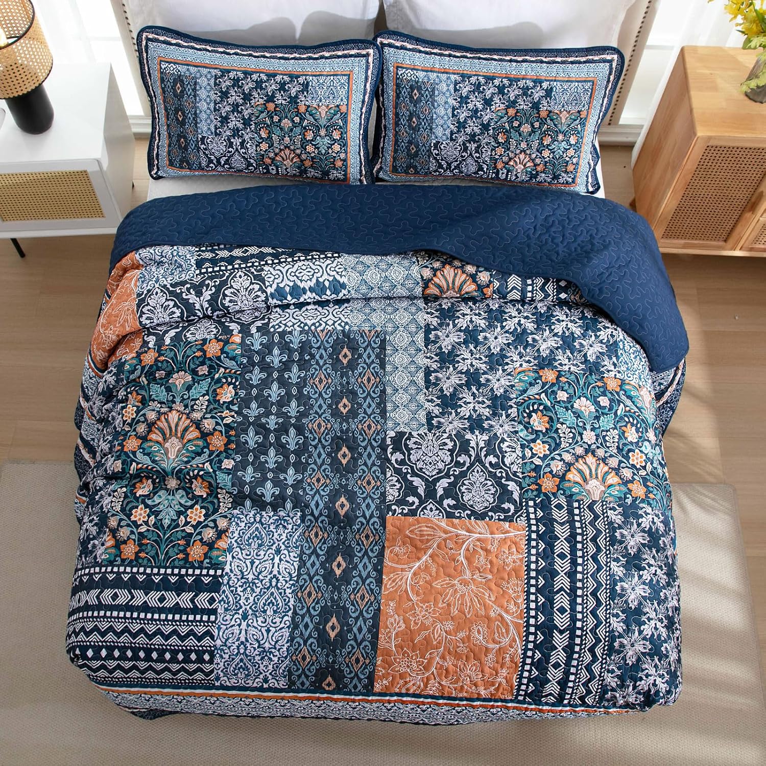 Navy Blue Bohemian Quilt Set Queen Size 96x90