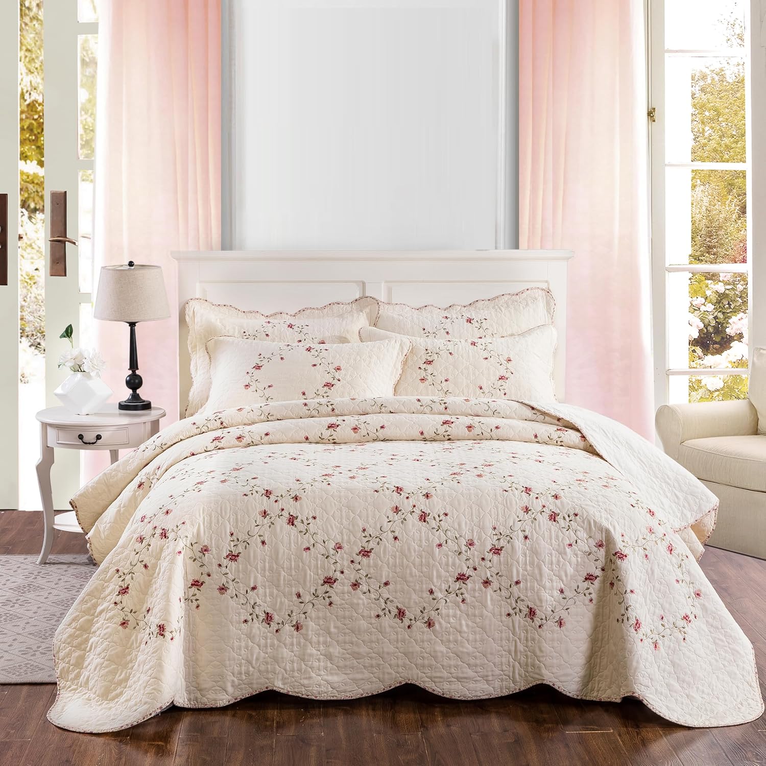 ROOMLIFE 3D Floral Embroidery Quilt Set 3-Piece King Size