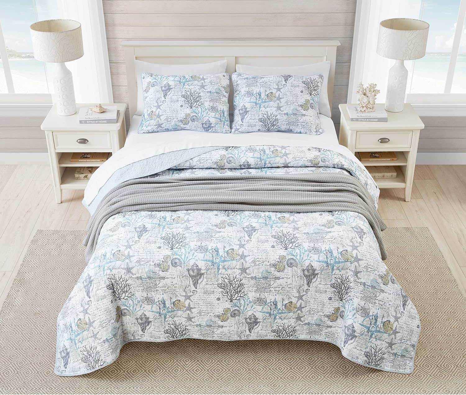 Tommy Bahama Queen Quilt Set Reversible Cotton Bedding with Shams Beach Bliss Grey