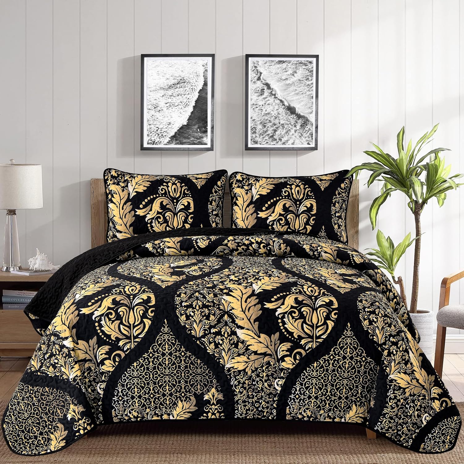 DJY Black Gold Damask Quilt Set 3 Pieces King Size