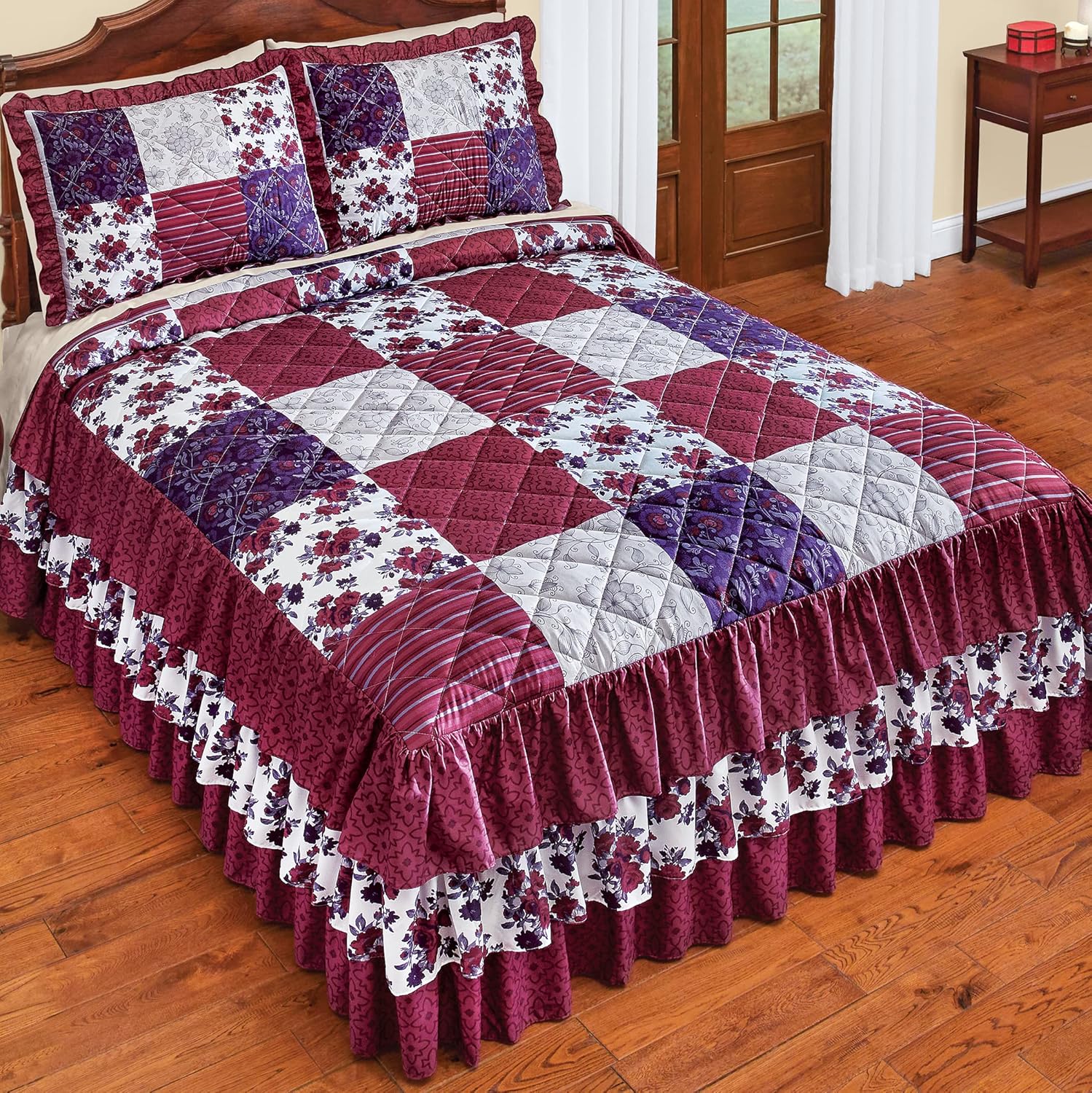 Collections Etc Patchwork Quilted 3-Tier Ruffled Bedspread