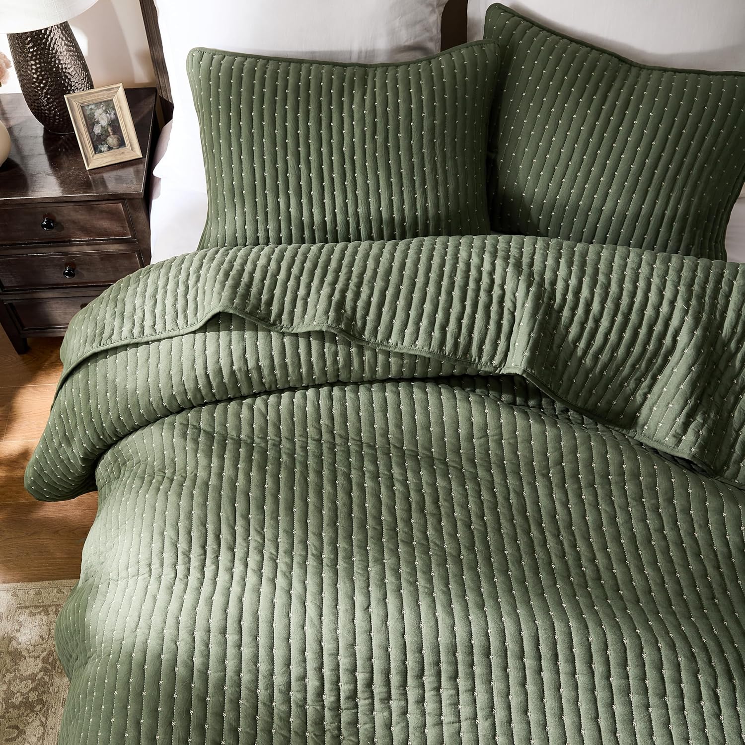 WDCOZY Olive Green Cross Stitch Queen Quilt Set 1