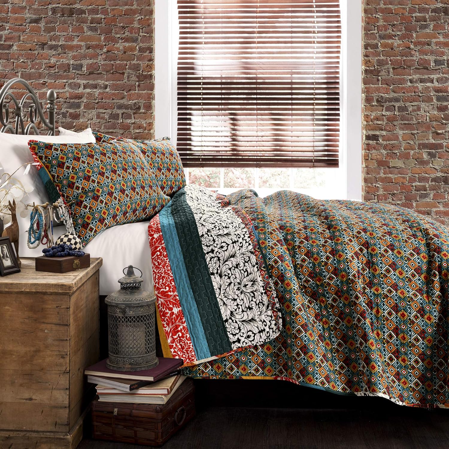 Boho Stripe Reversible Cotton Quilt Set King Turquoise Tangerine