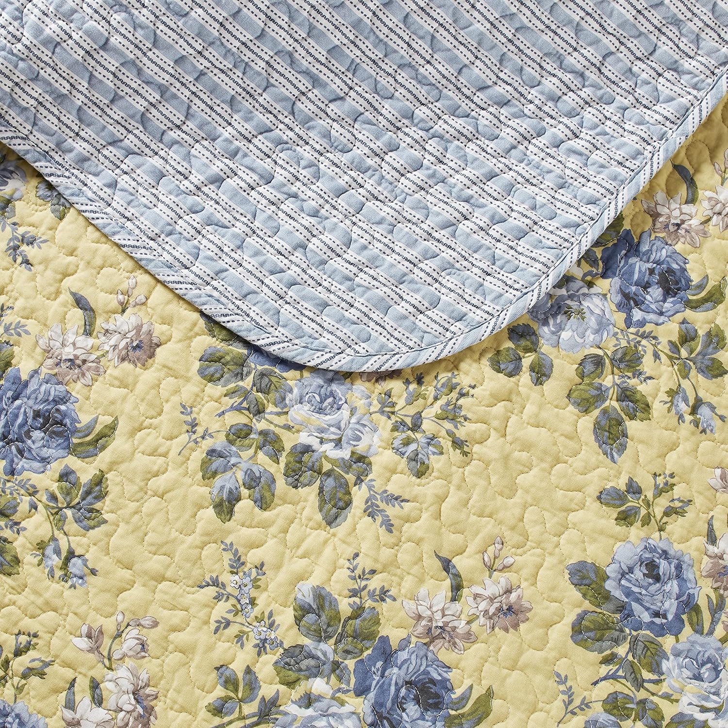 Laura Ashley King Quilt Set - Linley Yellow 3 Piece Reversible Cotton