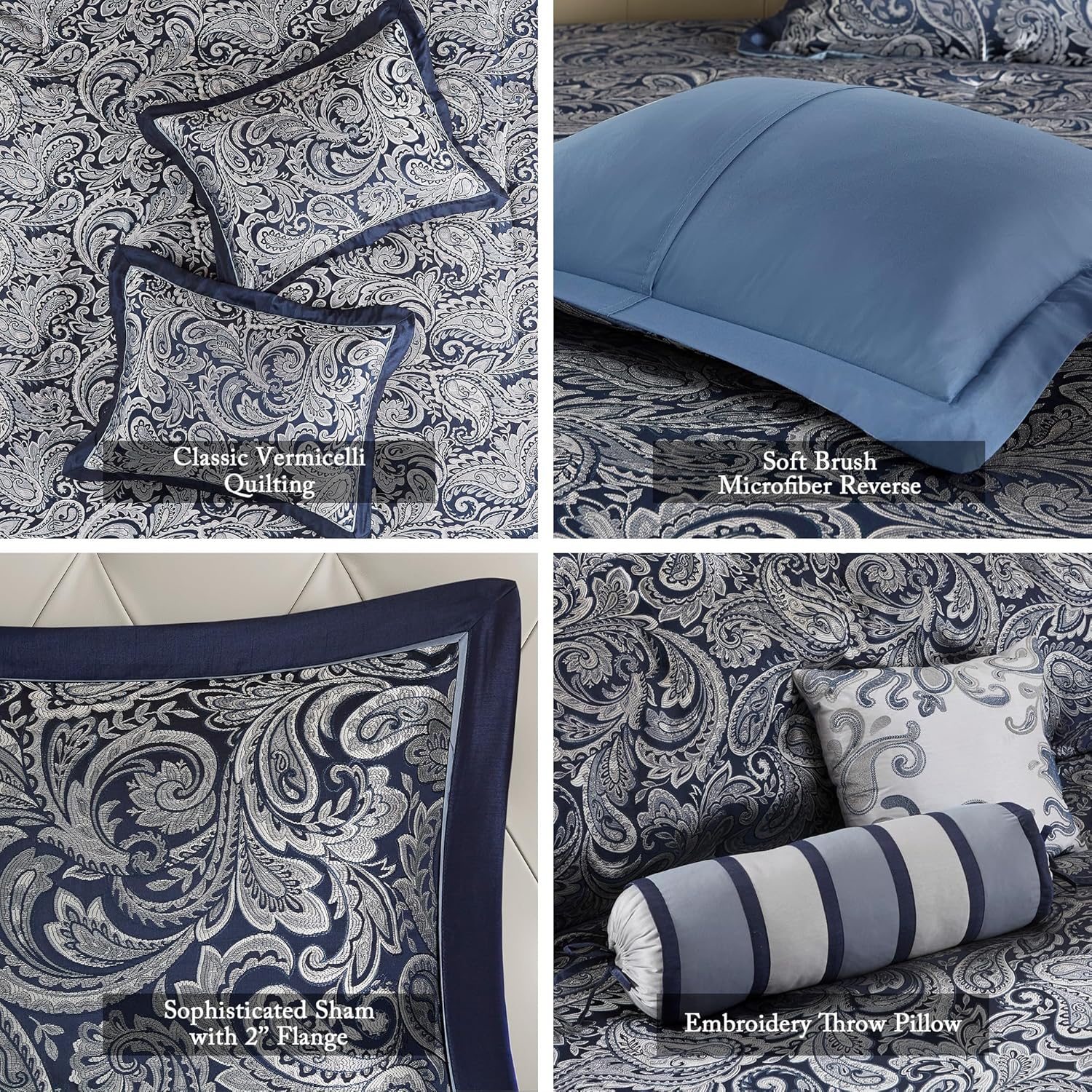 Madison Park Aubrey Reversible Quilted Bedspread Set Queen Navy 5 Piece