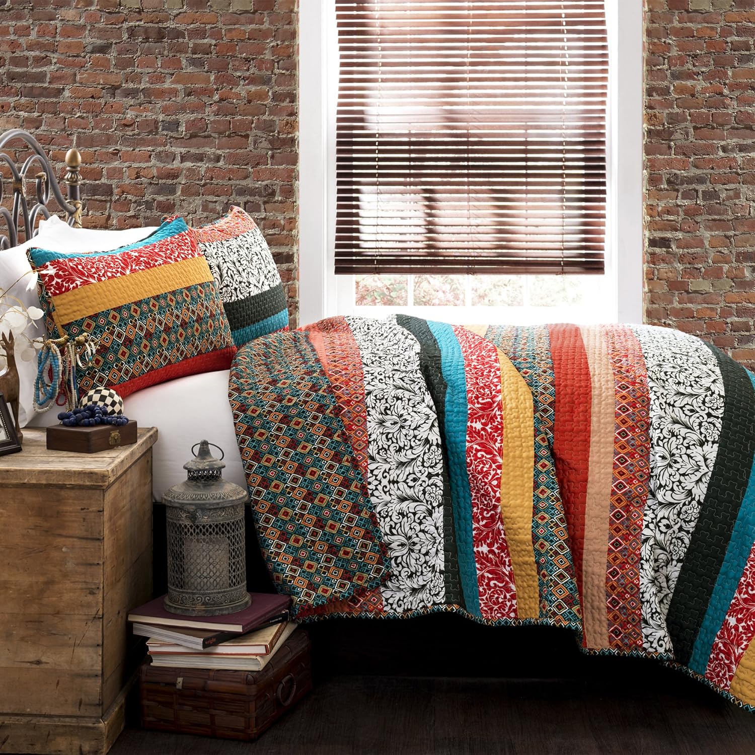 Boho Stripe Reversible Cotton Quilt Set King Turquoise Tangerine