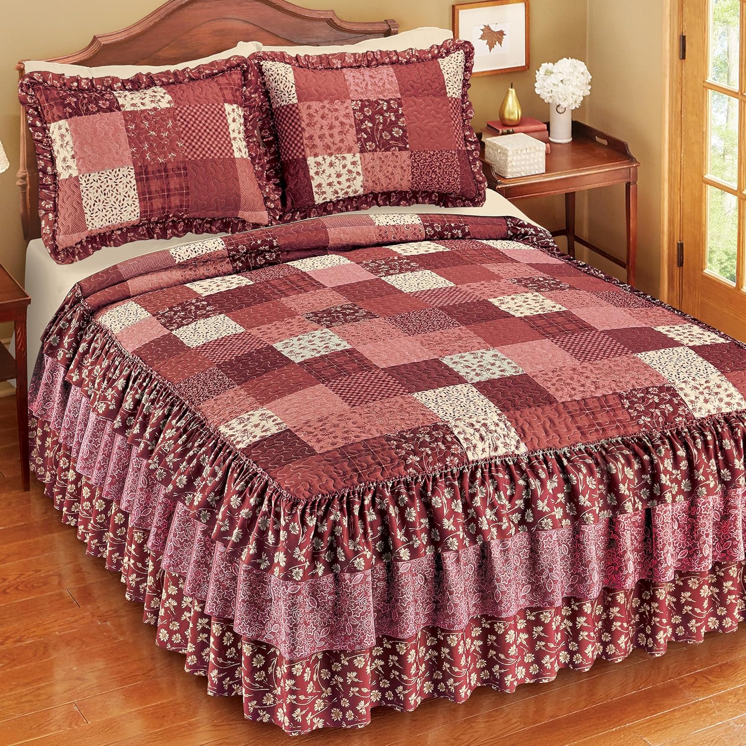 Collections Etc Classic Patchwork Triple Ruffle Trim Bedspread 1