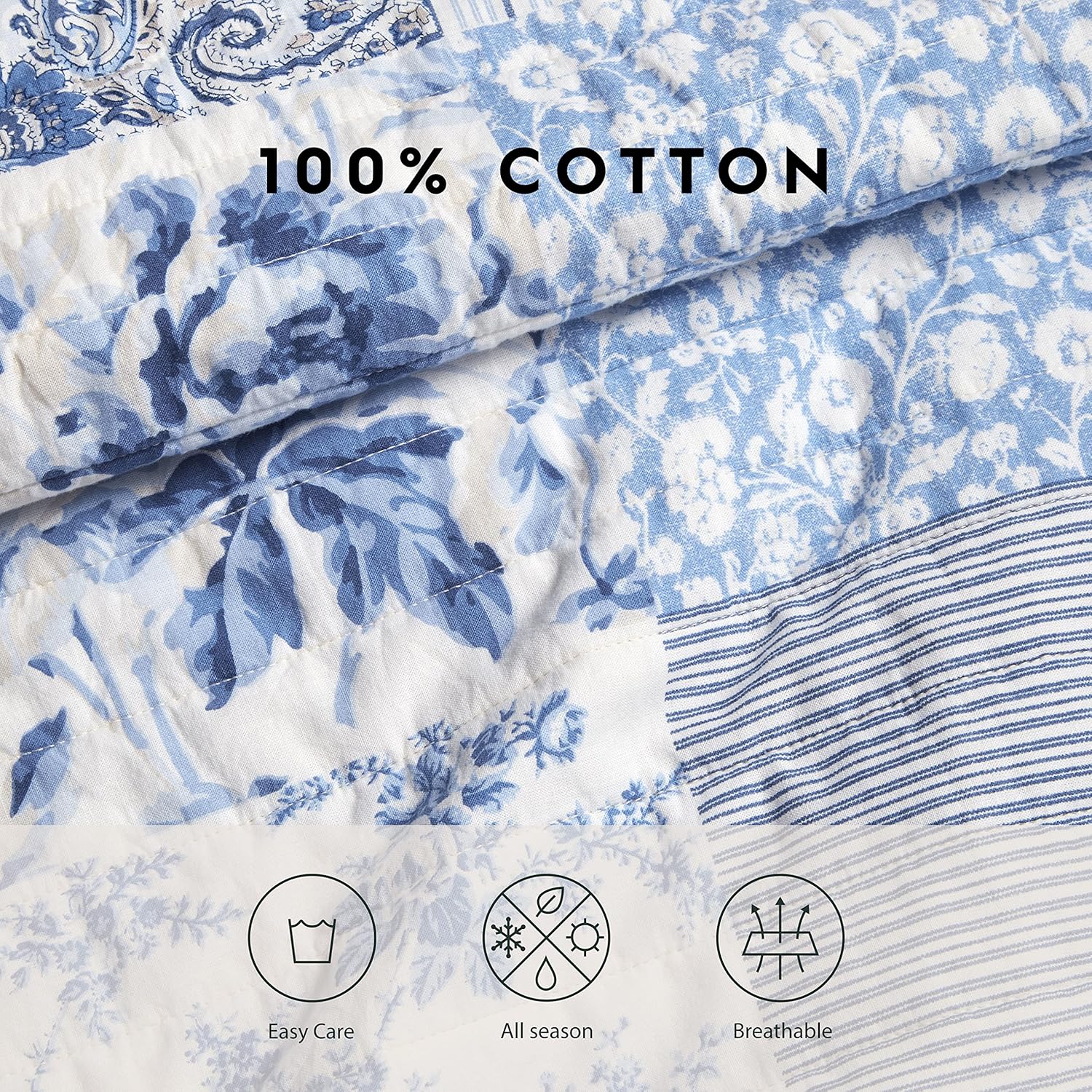 Laura Ashley Twin Quilt Set - Paisley Printed Patchwork Blue