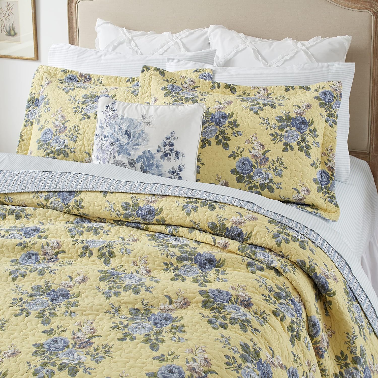 Laura Ashley King Quilt Set - Linley Yellow 3 Piece Reversible Cotton