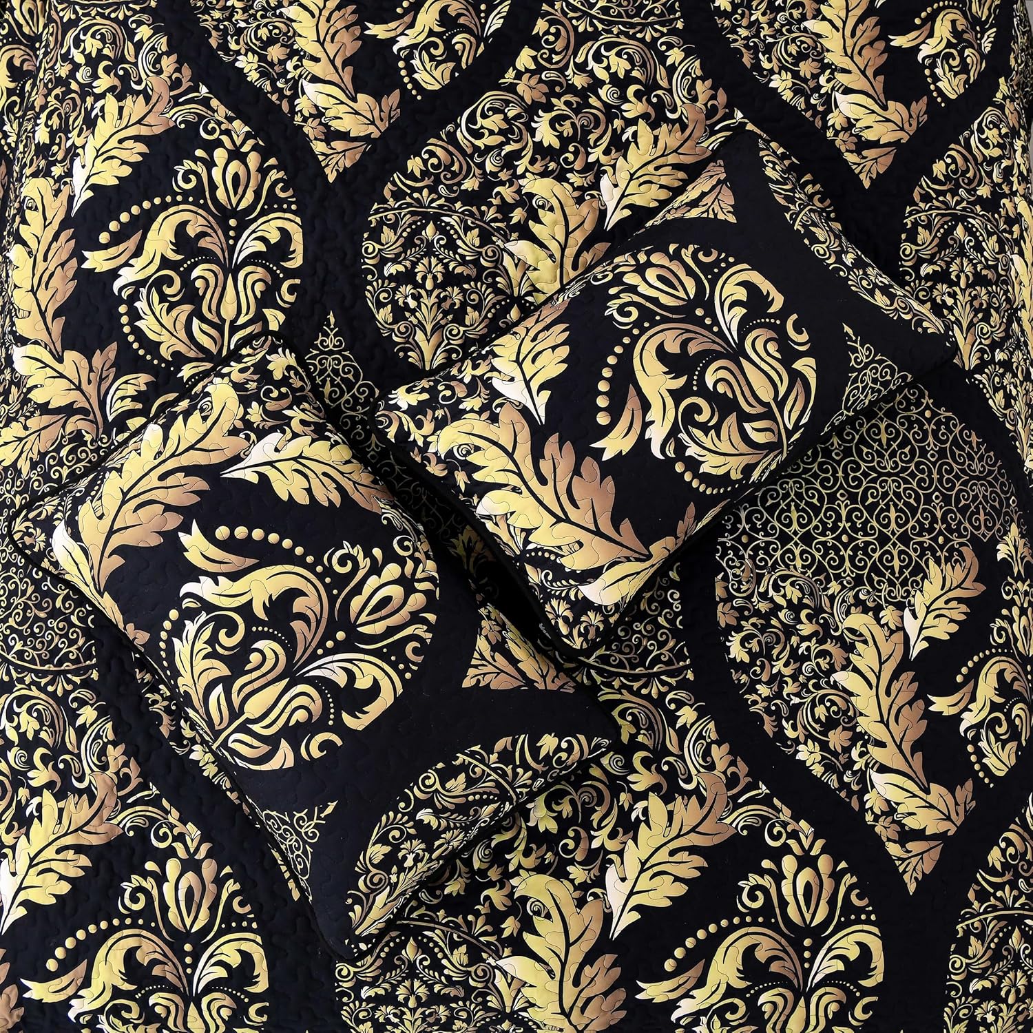 DJY Black Gold Damask Quilt Set 3 Pieces King Size