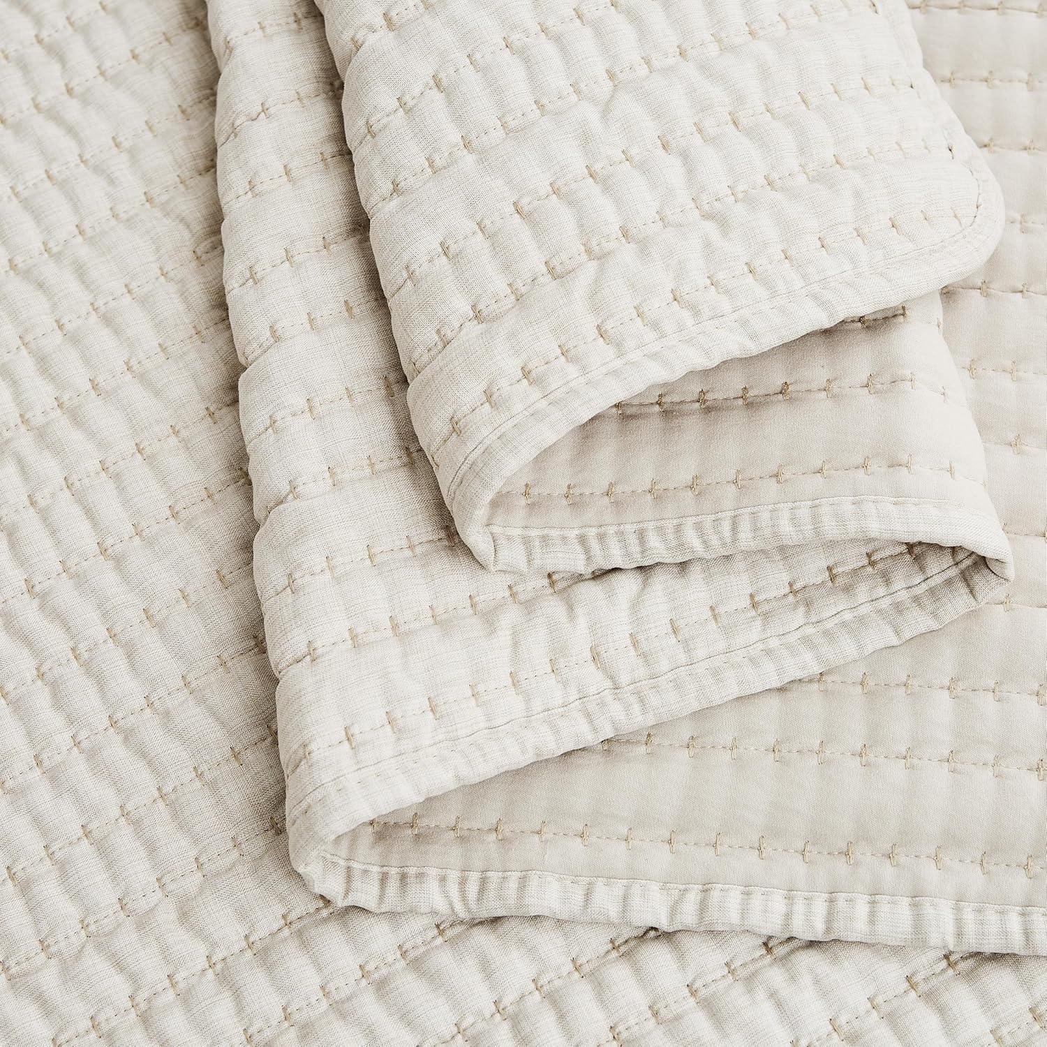WDCOZY Beige Pick Stitch Queen Quilt Set