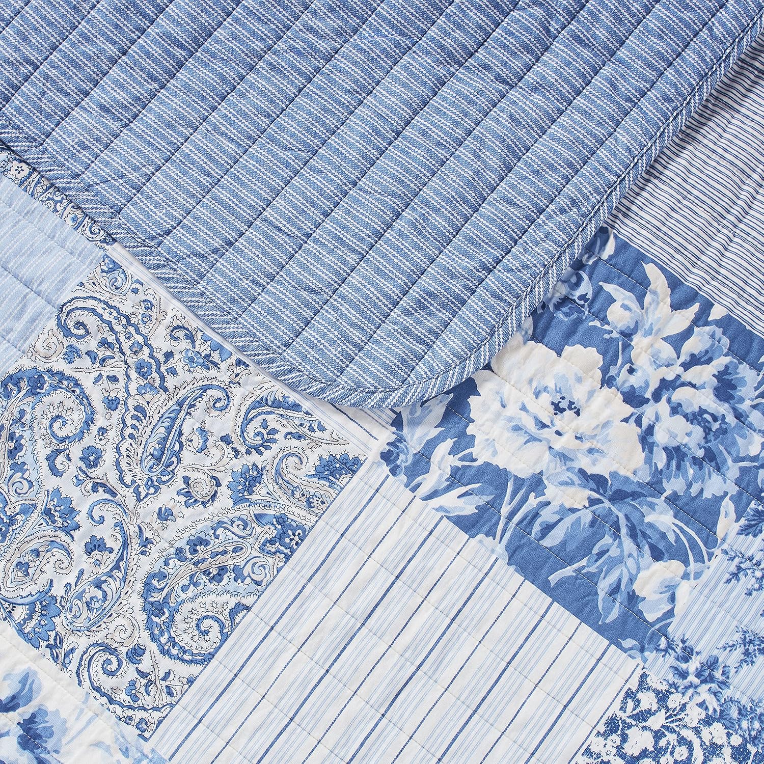 Laura Ashley Twin Quilt Set - Paisley Printed Patchwork Blue